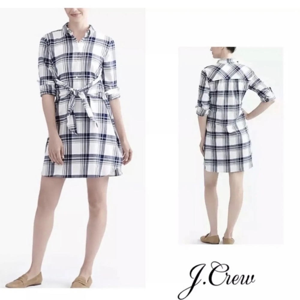 NWT J Crew Mercantile Women's Tie-waist Navy Blue Plaid Flannel Shirtdress XL